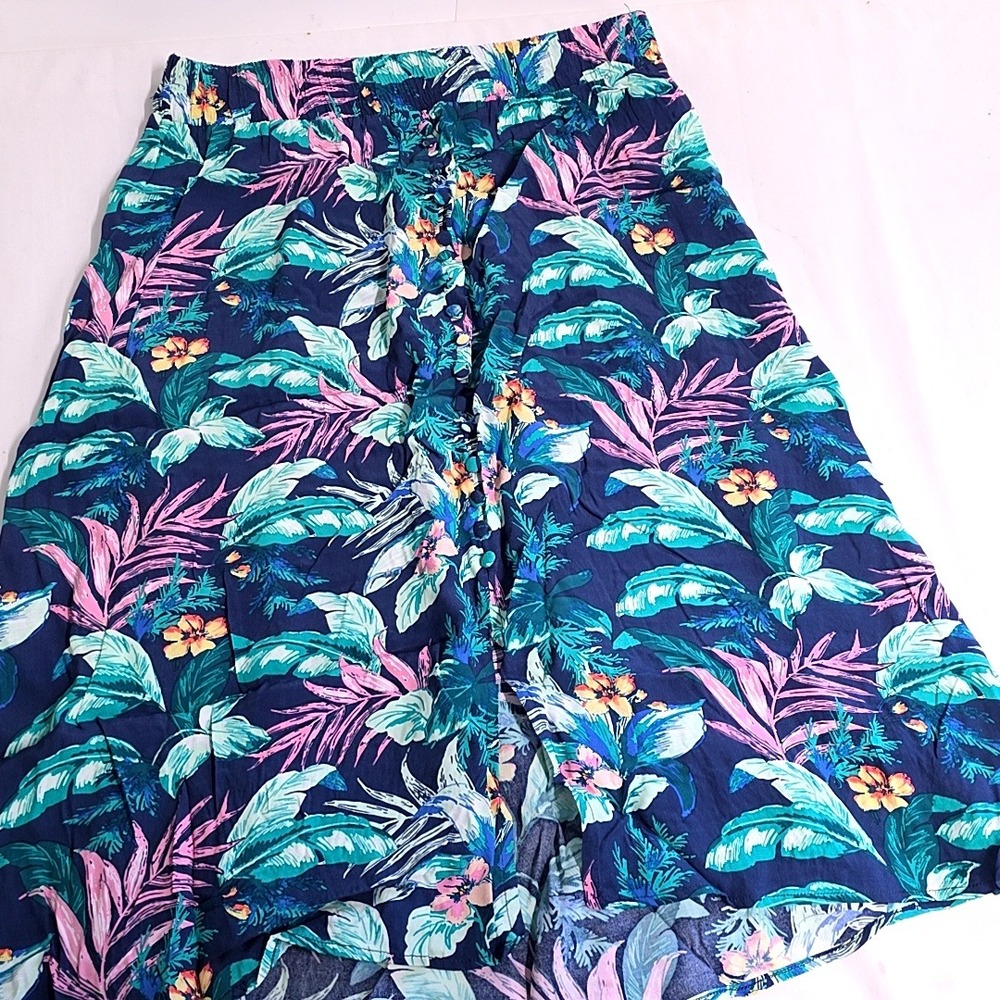 LOFT Midi Skirt Womens XL Navy Blue Tropical Leaf Button Front Rayon